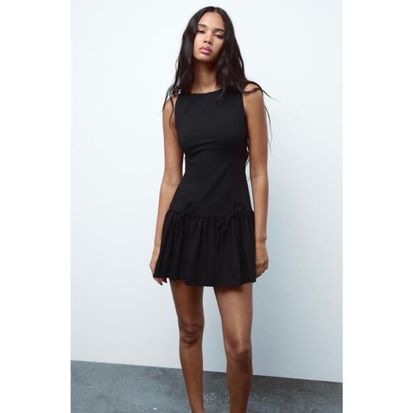 Zara Mini Dress With Bows Size Small 3152/278/800 Black NWT Blogger Favorite